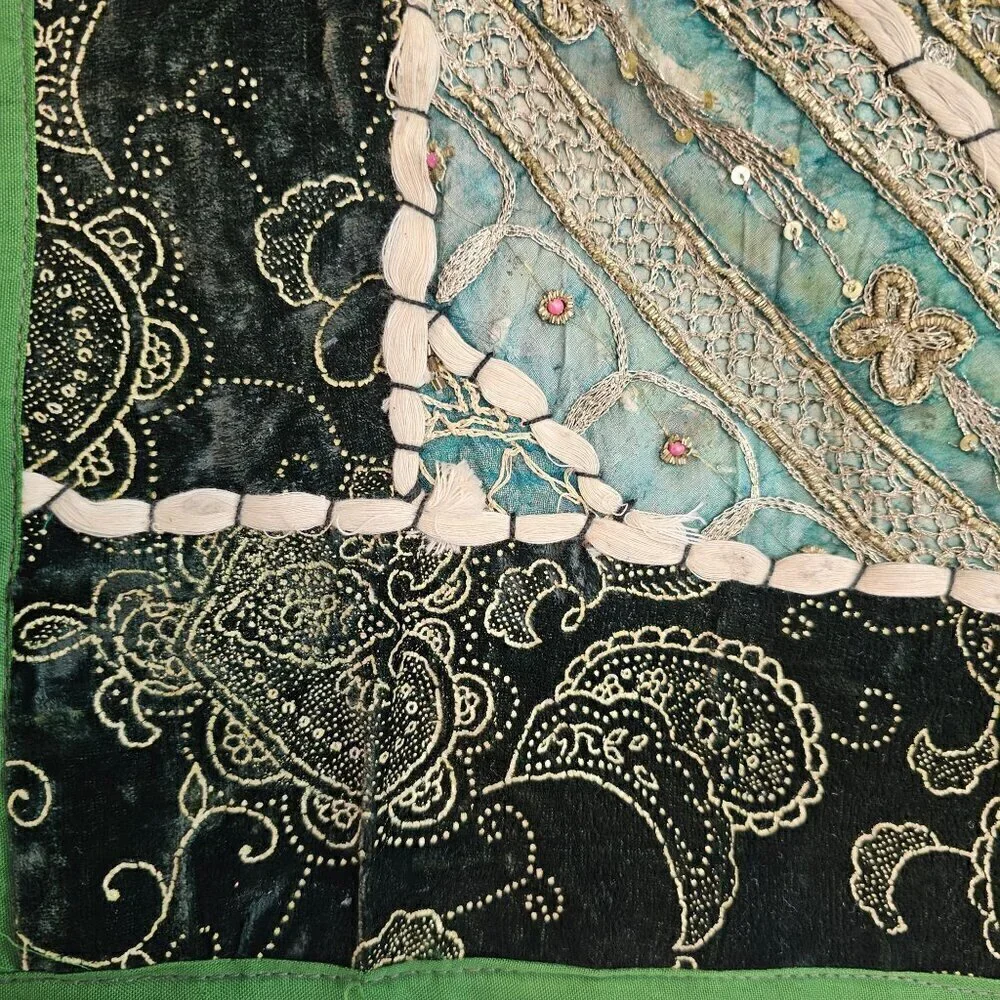Boho Sari Patchwork Beaded Pillow Covers 26” Sq Velvet Trim – Repurpose Fabric